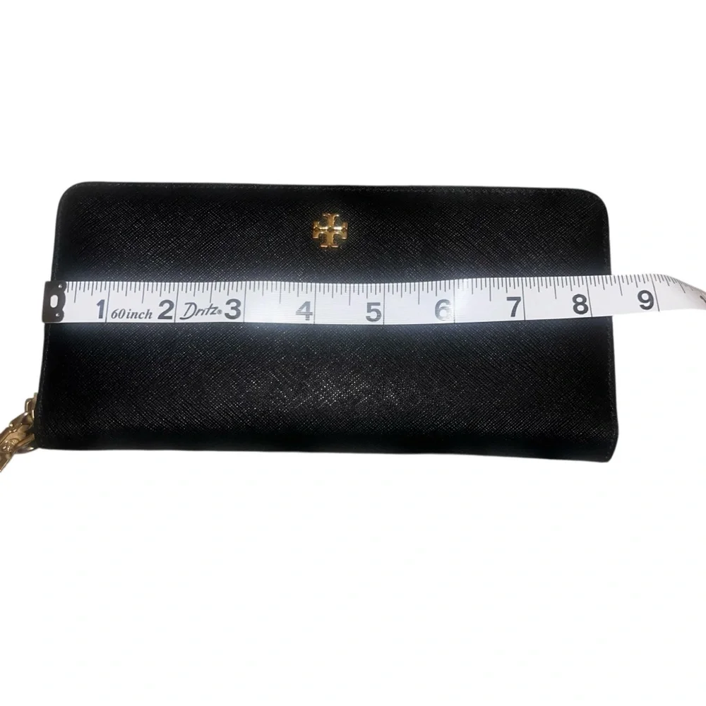 EUC Tory Burch Black Saffiano Leather Zip Around Long Wallet Gold Hardware